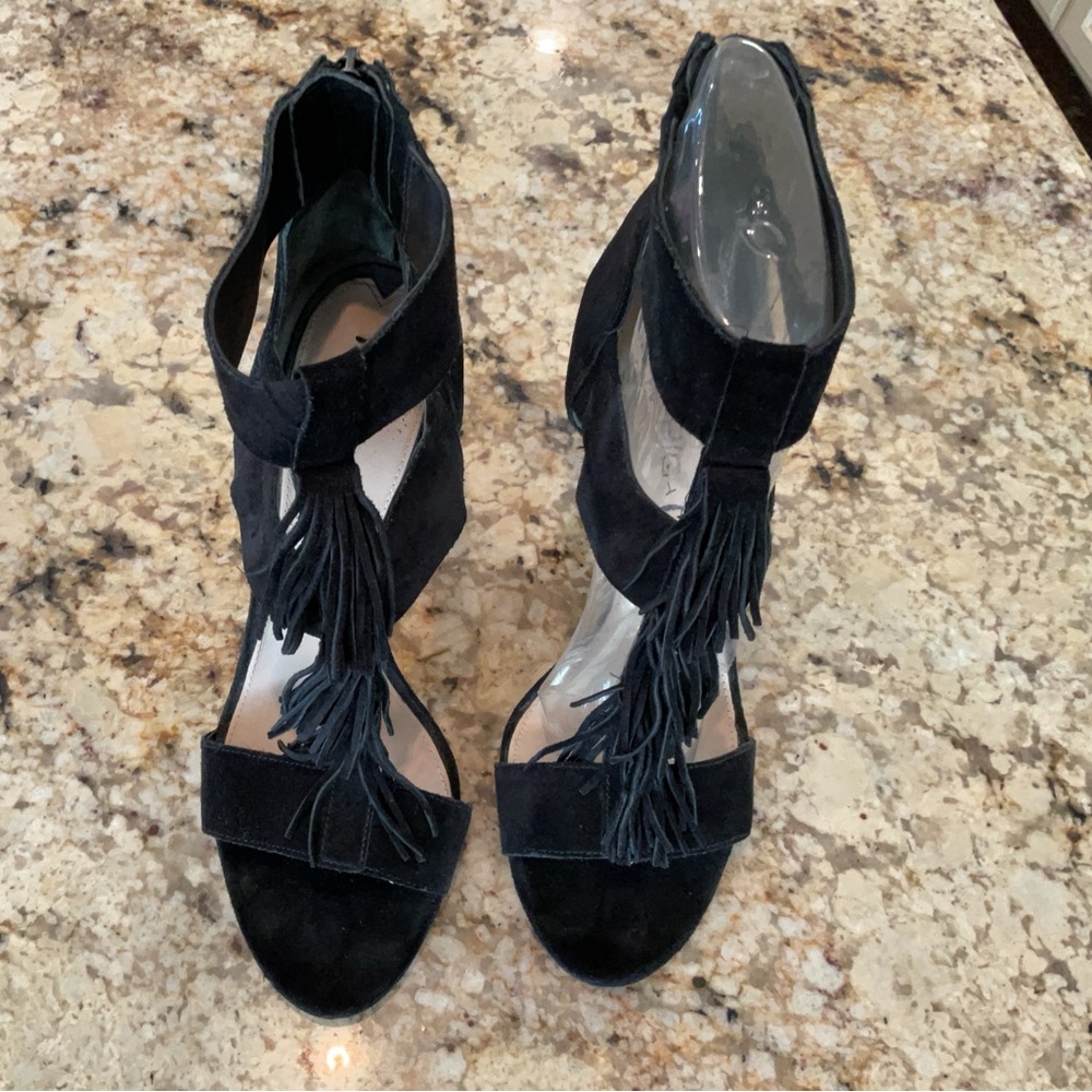 Via Spiga Black Suede Fringe Ankle-Strap Heels